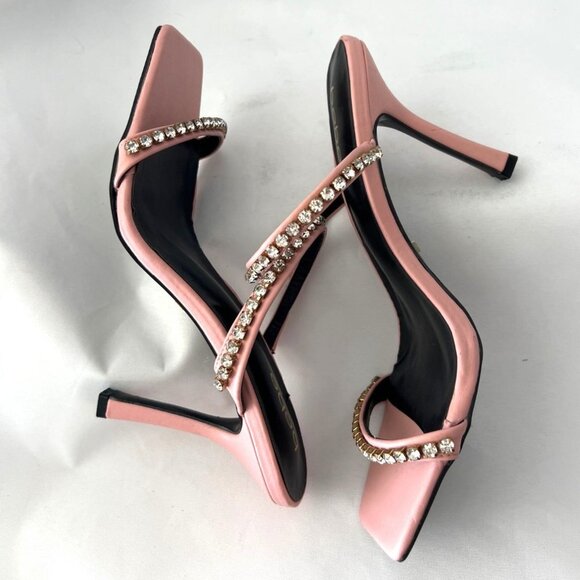 BEBE Pink Sandals Rhinestone Heels square toe slip on Heels Sz 10 - Picture 4 of 7